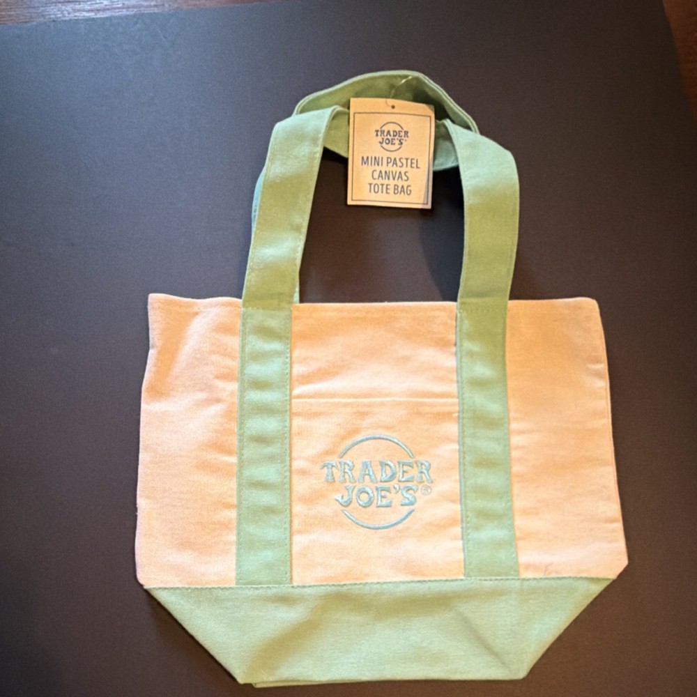 Trader Joe’s Mini Pastel Canvas Tote Bag Foldable Cotton Polyester Beige Green