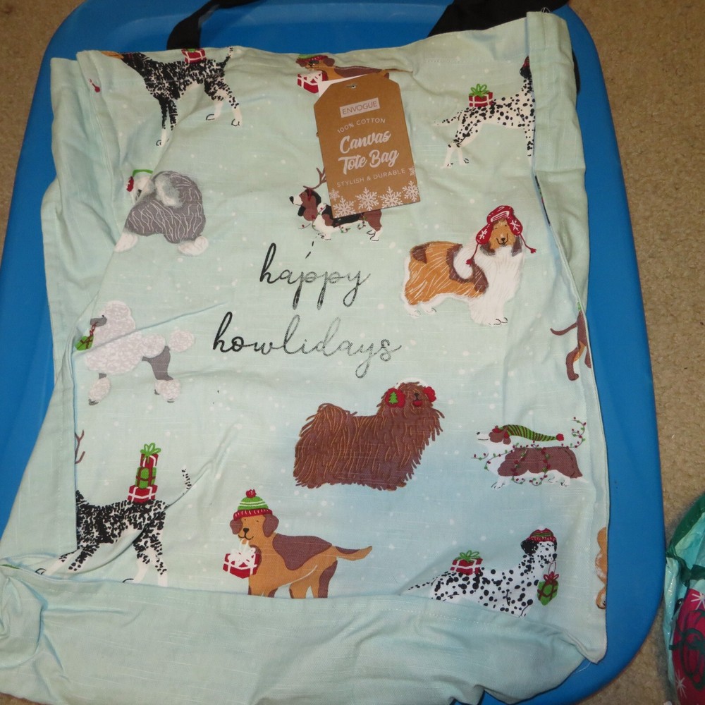 Envogue 100% Cotton Canvas Holidays Tote Bag Dogs Basset Corgi Christmas NWT