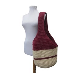 LARGE Heavy Duty Tightly Crochet Maroon & Cream Market Shoulder Bag