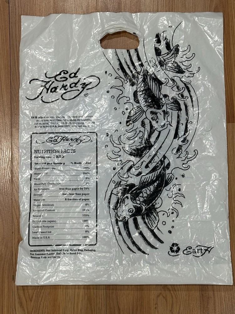 Y2K Vtg Ed Hardy Tiger / Koi Fish Reusable Bag Reversible Plastic Shopping