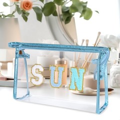 Hmxpls Clear Preppy Patch Makeup Bag, Sun Chenille 8.8×5.5×2.7 inches, Blue