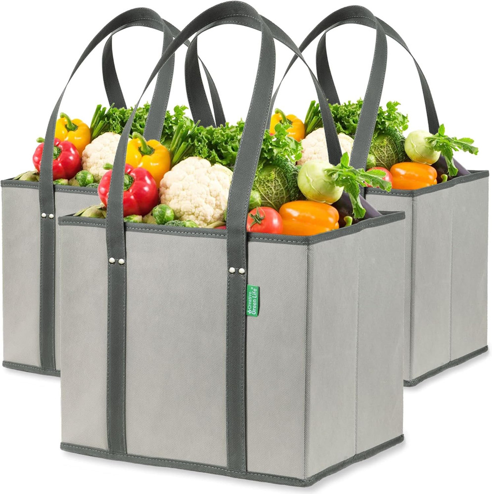 Reusable Grocery Bags (3 Pack) – Heavy Duty Reusable Shopping Bags with Box Shap