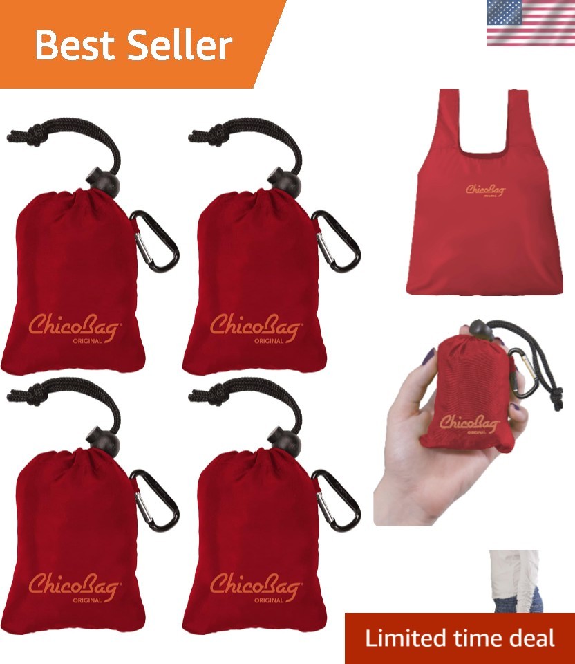 Convenient Compact Grocery Bags with Carabiner – 25 lbs Capacity Red Set of 4