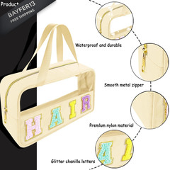 Bunliuys Chenille Letter Clear Makeup Bag Hair Patch, Travel Toiletry Beige