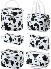 Saintrygo Set of 6 Makeup Bag Travel Cosmetic Cow Print Black