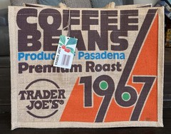 Trader Joe’s Tote Jute Bag Reusable 1967 Pasadena Coffee Beans 17x14x9x13in Lrg