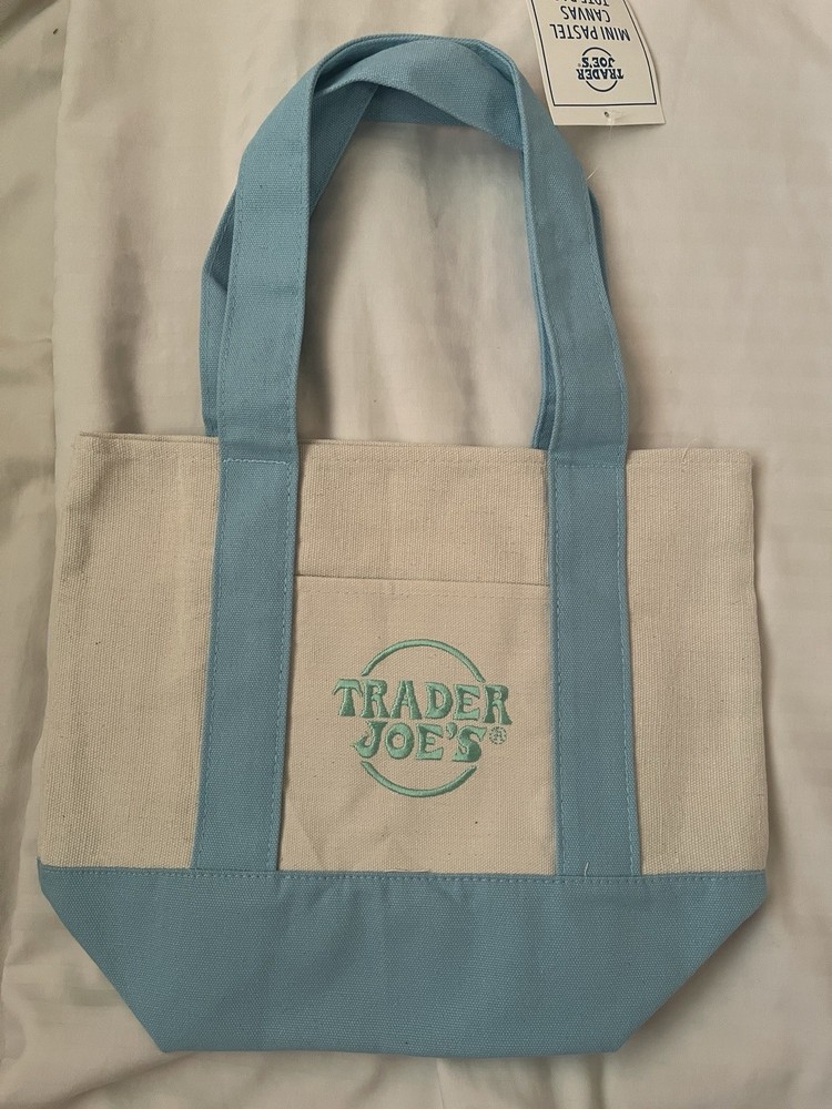 Trader Joe’s Foldable Canvas Tote Bag Beige Blue Reusable Solid Plain