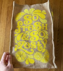 Trader Joe’s Lemon Lime & Citrus Tote Bag Reusable Jute Burlap Shopping Bag NWT