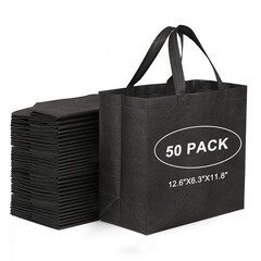 50 Pack Black Reusable Totes Bag with Reinforced Handles Non Woven Bulk Shopp…