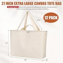12 Pack Extra Large 27″ x 16″ Canvas Shopping Bags – Heavy Duty Reusable Tote Ba