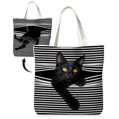 Cute Black Cat Canvas Tote Bag Aesthetic Flowers Reusable Shopping Grocery Ba…