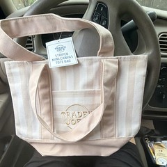 Trader Joe’s Striped Mini Canvas Tote Bag Beige, With Outer Pockets