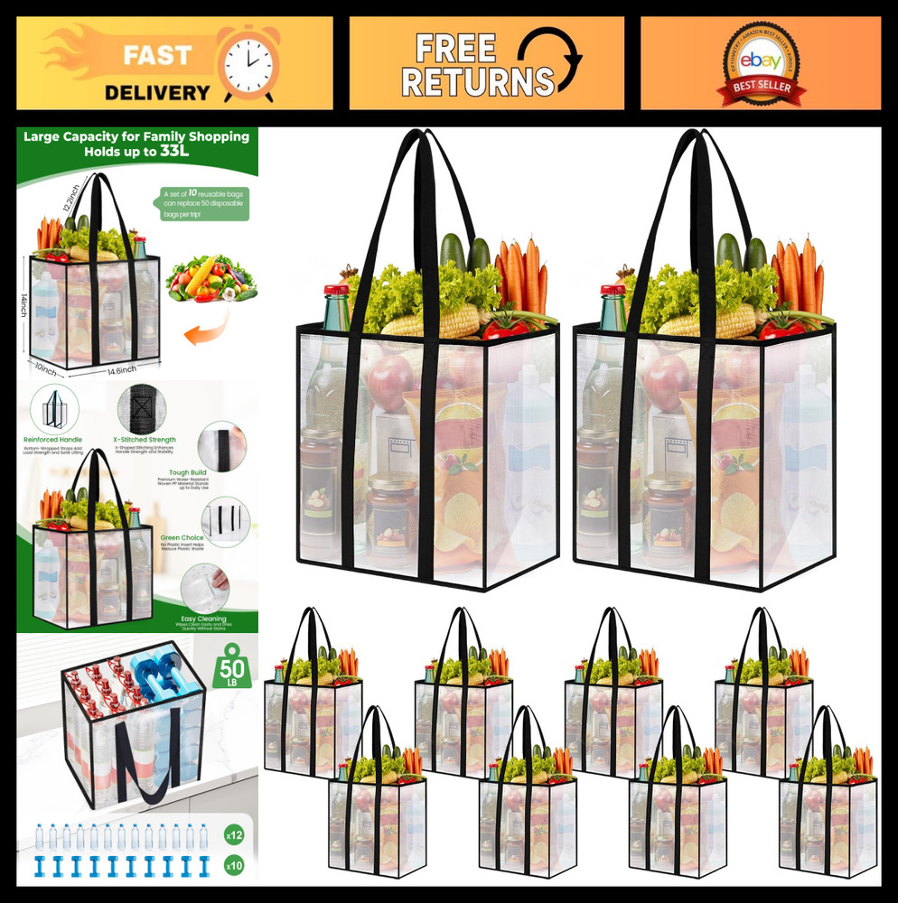 10 Pack Heavy-Duty Reusable Grocery Bags, Water-Resistant, Foldable, Multi-Purpo