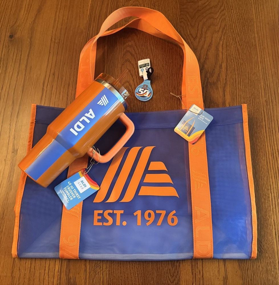🧡NEW – ALDI 50th Anniversary Mesh Tote Bag Keychain And Tumbler Collectors Set