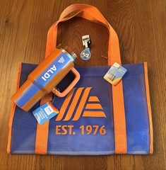 🧡NEW – ALDI 50th Anniversary Mesh Tote Bag Keychain And Tumbler Collectors Set