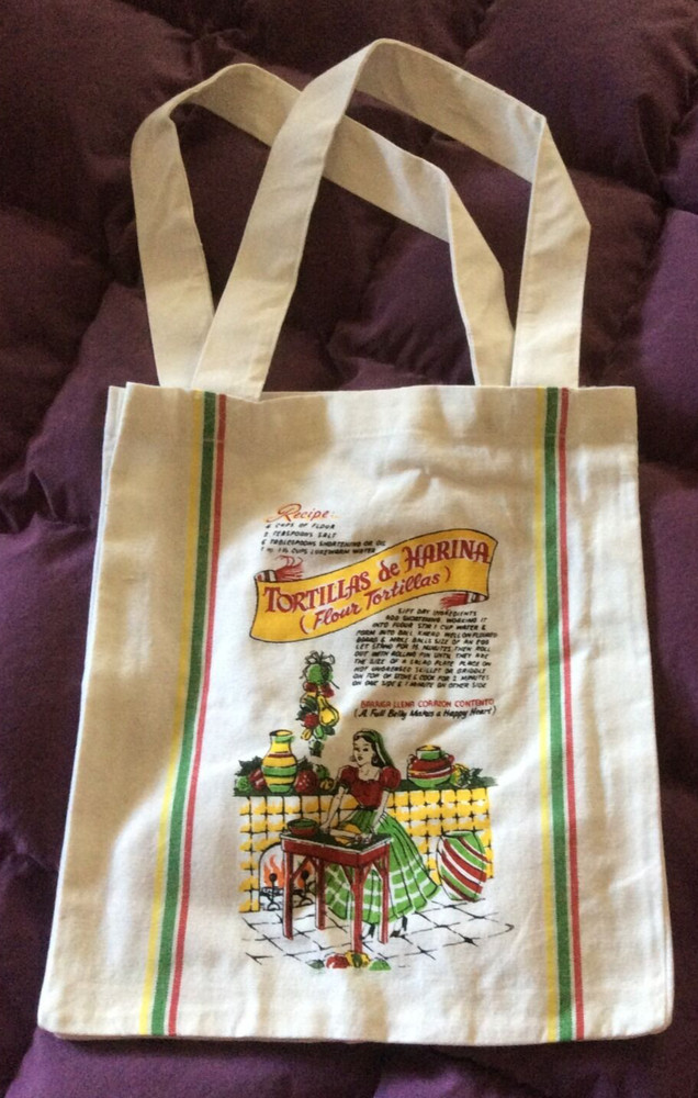 1 NEW Retro Style Cotton 50’s MARKET TOTE BAG – TORTILLA – 13″ Square/2″ Deep