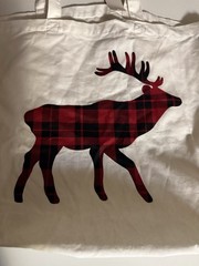 Reusable Cloth Red Black Plaid Deer Moose Beige Double Handle Tote Bag Nwt