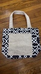 Black & White Geometric Print Reusable Canvas Tote Shopping Bag Beige Handles
