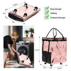(Medium, Rose Gold) Reusable Grocery Bag on Wheels, Foldable Rolling Tote Carrie