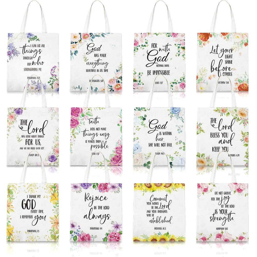 12 Pcs Christian Gift Bible Tote Bags for Women Religious Bulk Floral Christi…