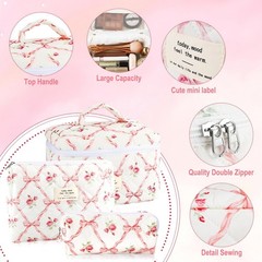 URSKYTOUS 3Pcs Makeup Bag Quilted Cosmetic Set Bow MM 3PCS Pink