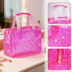 Yookat PVC Clear Red Star Large Makeup Bag Waterproof Durable Zipper Pink