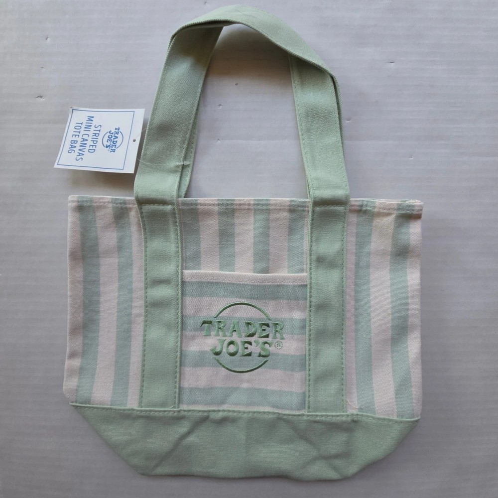 Trader Joe’s MINI Canvas Reusable Bag, w/ Off White or Tan, LIGHT GREEN STRIPES