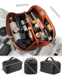 Checkered Travel Makeup Bags Cosmetic Organizer Bag: 2-Set Large BLACK