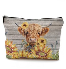 QGFM Sunflower Highland Cow Makeup Bag, Farmhouse Rustic brown, yellow