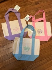 Three Trader Joe’s Mini Canvas Tote Bags in Pink Blue Purple NEW
