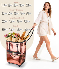 Reusable Grocery Bag on 5 Wheels, Foldable Rolling Tote Bag with Handle and Zipp