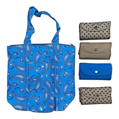 Unbranded Folding Reusable Tote Bag Set Paisley Polka Dot Blue Tan 5 Piece Set
