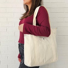 Canvas Grocery Tote Bag – 12oz Heavy Cotton, Zipper Top, Front & Side Pockets…