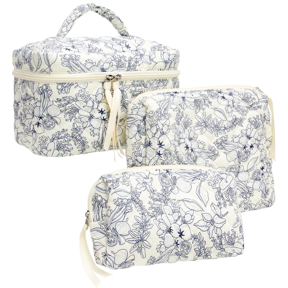 PAZIMIIK 3PCS Makeup Bag SET Large Travel Quilted 3 PCS SET, Flower Beige