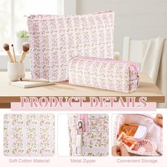 Paterr 2 Pcs Cotton Quilted Makeup Bag Set Coquette Pink Rectangle,