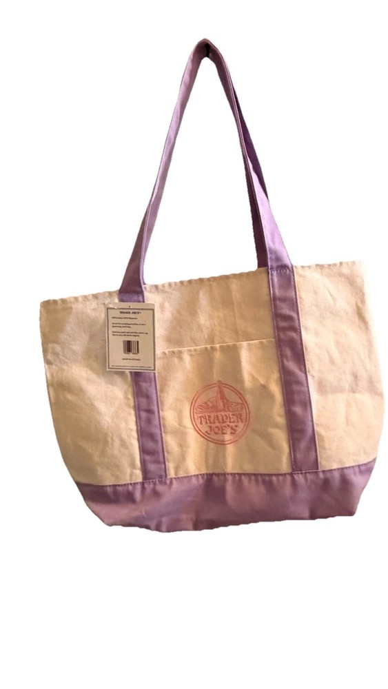 Trader Joe’s Canvas Reusable Tote Bag Beige Purple Foldable 20x10x12 in New
