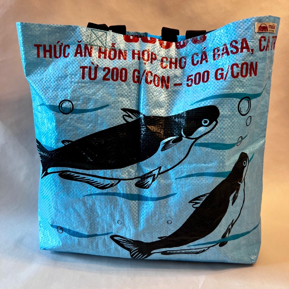 Blue Whale Tote Bag Recycled Feed Sack Vietnam Eco Market Beach Shopping Tote