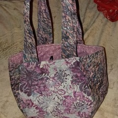 Purple Floral Fabric Reusable Shopping Bag Medium Foldable with Inner Pocket