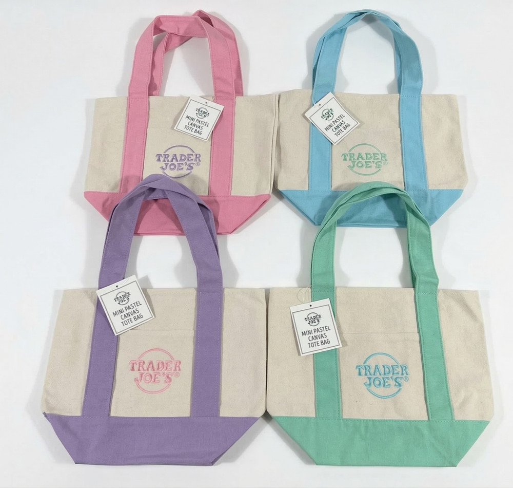 Trader Joe’s Mini Pastel Canvas Tote Bag Set of 4 – Pink Blue Purple Green 2026