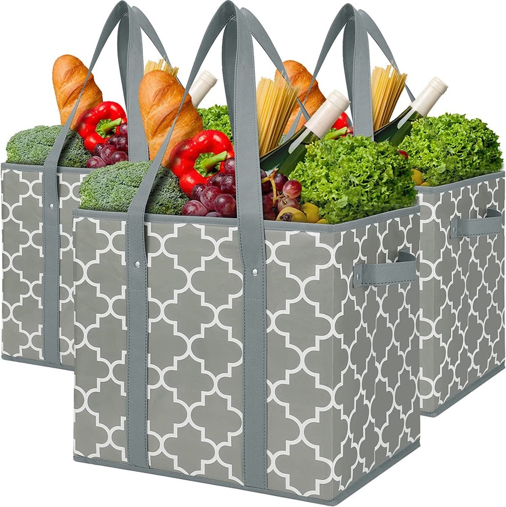 WISELIFE 3-Pack Reusable Grocery Bags Foldable Washable Storage Bins Basket W…