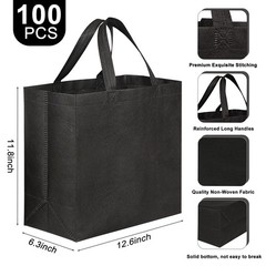 100 Pack Black Reusable Totes Bag with Reinforced Handles Non Woven Bulk Shop…