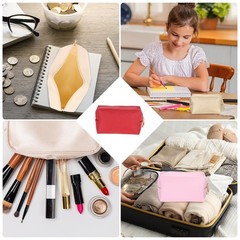 uxcell PU Leather Square Makeup Bag, Waterproof Cosmetic Organizer Rose Red