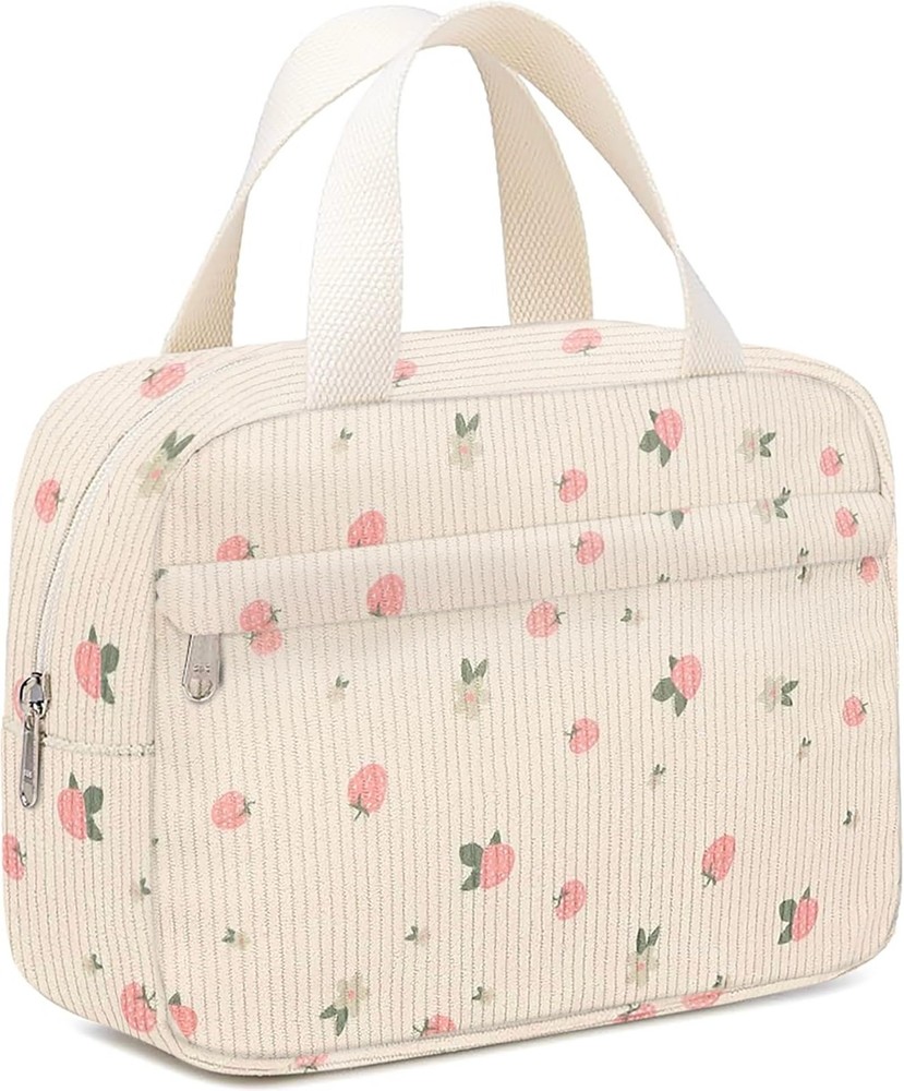 Chicarries Small Makeup Bag for Purse Cute Corduroy strawberries pink