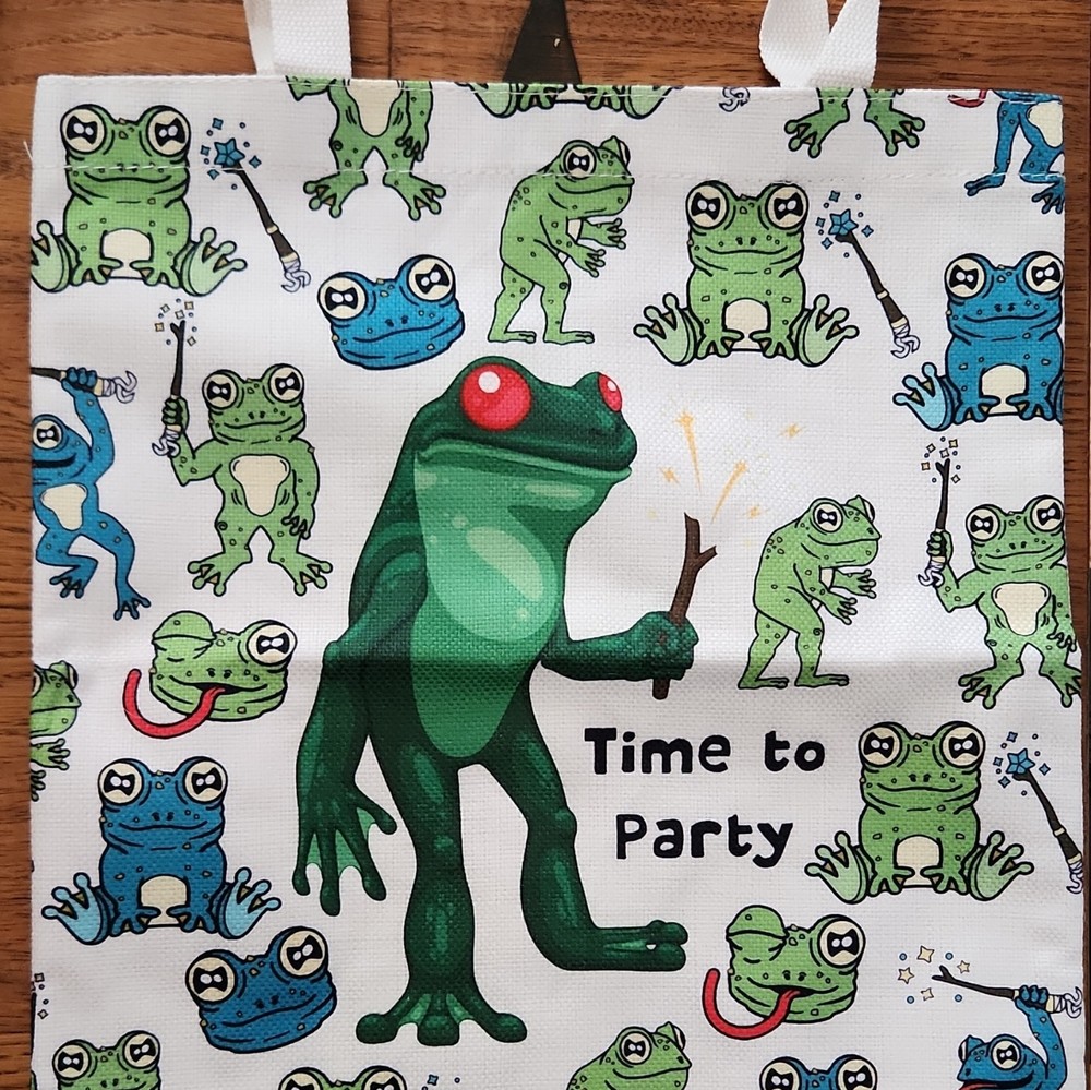 Reusable Shopping Bag “Time to Party” Frog All-Over White X004QTS9R3