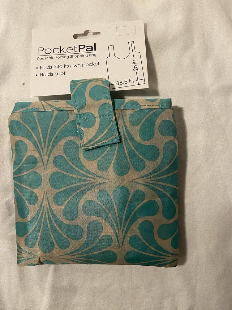 Reusable packable, shopping bag, stylish teal green design. Washable Polyester