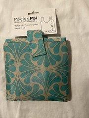 Reusable packable, shopping bag, stylish teal green design. Washable Polyester