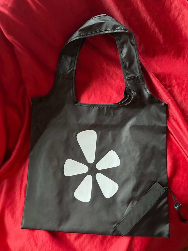 YELP BLACK PLASTIC TOTE BAG WITH WHITE LOGO & TOGGLE ON THE SIDE – BRAND NEW!!!
