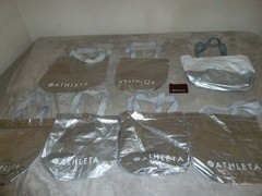 Athleta Reusable Shopping Gym Gift Bag Tote Shiny Metallic Silver LOT 8 coin