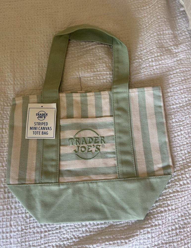 Trader Joe’s Striped Mini Canvas Tote Bag Green/Beige 13x11x6