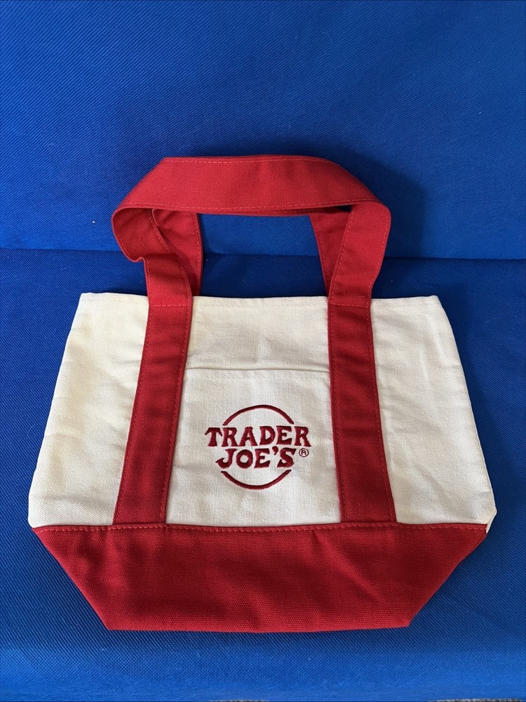 Trader Joes Mini Canvas Tote Bag / Red & White / 13”l X 10.5”h X 10”w